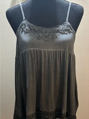 POL Washed Gray Lace-Trim Spaghetti Strap Camisole